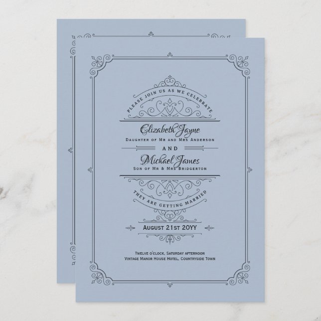 Regency Wedding Invitations Vintage Dusty Blue (Front/Back)