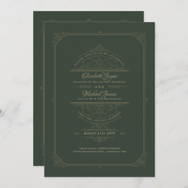 Regency Wedding Invitations Vintage Green (Front/Back)