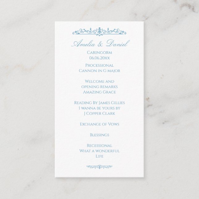 Regency White & Blue wedding Ceremony Program Enclosure Card (Front)