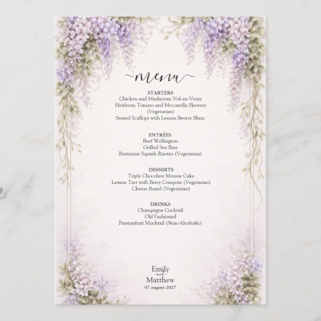 Regency Wisteria Wedding Menu Card (Front)