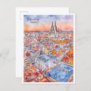 Regensburg Germany vintage travel watercolor Postcard