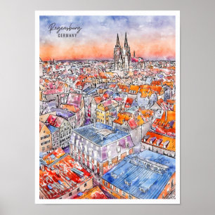 Regensburg Germany vintage travel watercolor Poster