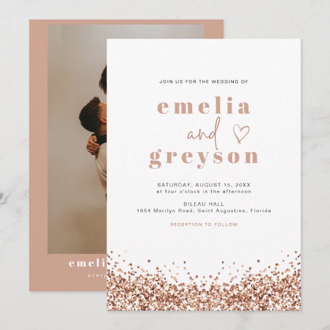 REGINA Glam Rose Gold Sequins Disco Wedding  Invitation (Front/Back)