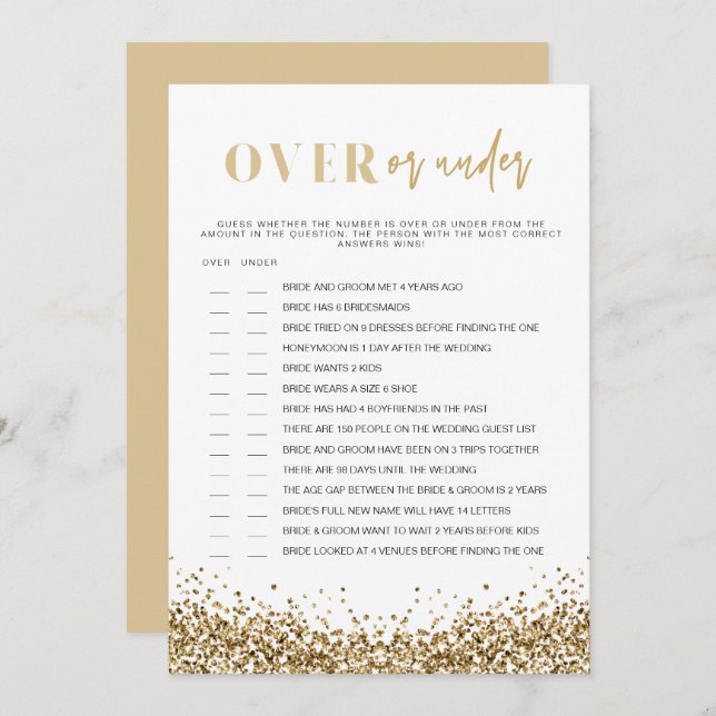 REGINA Gold Over Under Bridal Shower Game  Invitation (Front/Back)