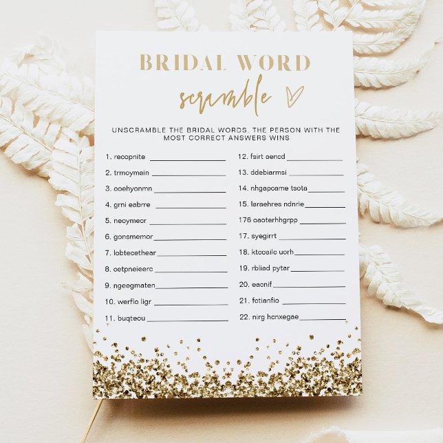 REGINA Gold Sequins Bridal Shower Word Scramble Invitation (Faux Gold Sequins Word Scramble Bridal Shower Game Cards)