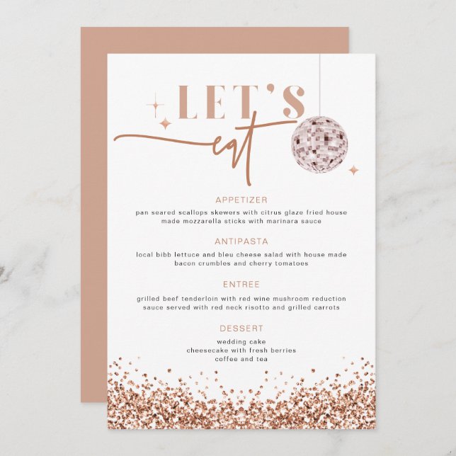 REGINA Rose Gold Disco Wedding Let's Eat Menu (Front/Back)