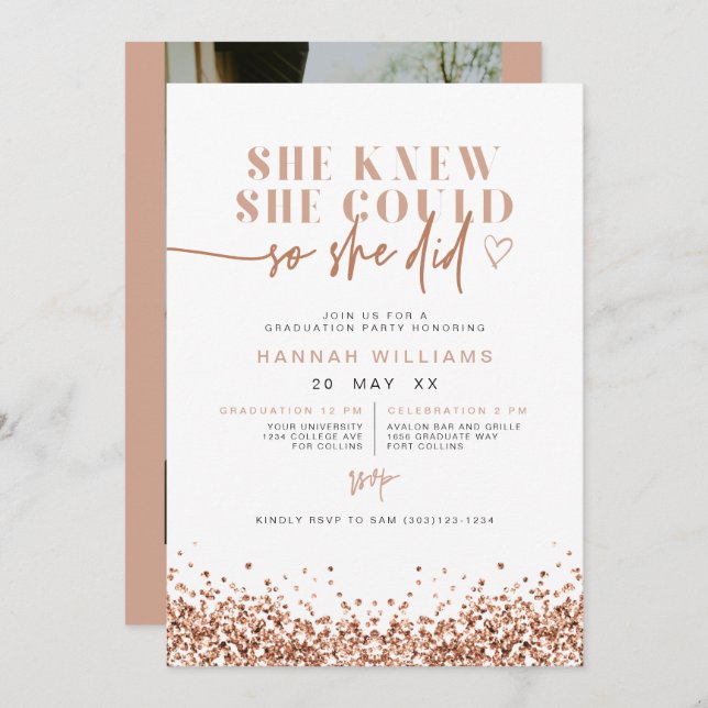 REGINA Rose Gold Glitter She Did It Graduation Invitation (Front/Back)