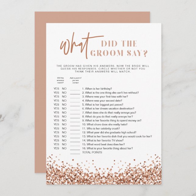 REGINA Rose Gold What Did The Groom Say Game Invitation (Front/Back)