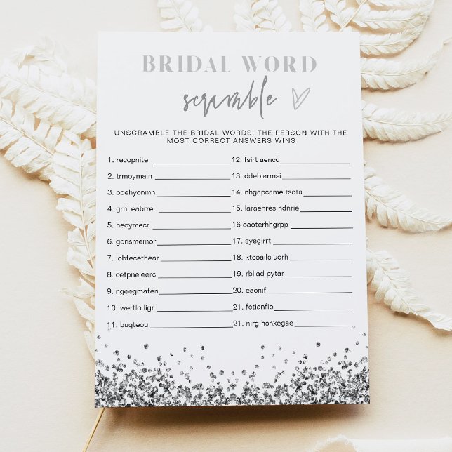 REGINA Silver Sequins Bridal Shower Word Scramble Invitation (Faux Silver Sequins Word Scramble Bridal Shower Game Cards)