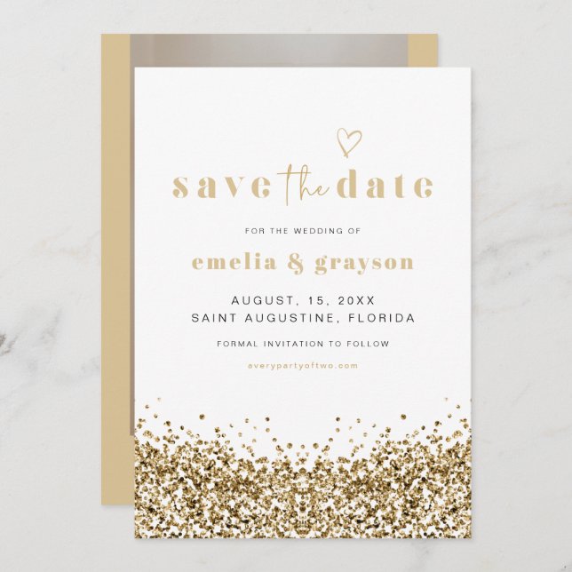 REGINA Yellow Gold Sequins Glitter Save The Date Invitation (Front/Back)