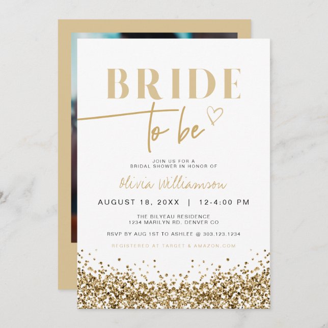 REGINA Yellow Gold Sequins Sparkly Bridal Shower Invitation (Front/Back)