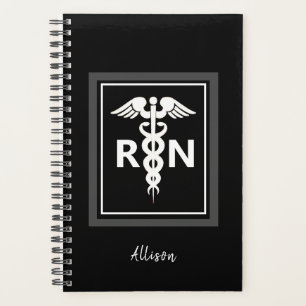 Registered Nurse Black White Caduceus Personalised Planner