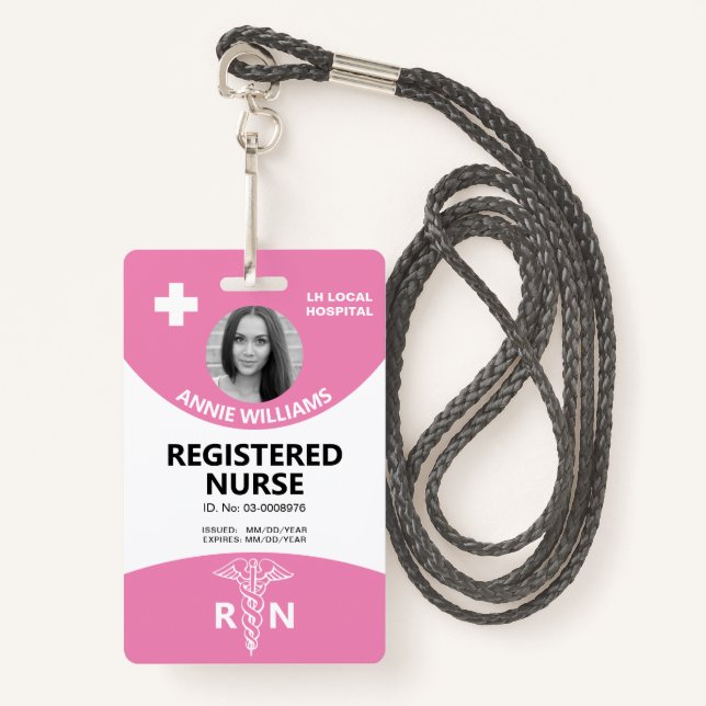 Registered nurse caduceus and logo pink photo id ID badge (Front with Lanyard)