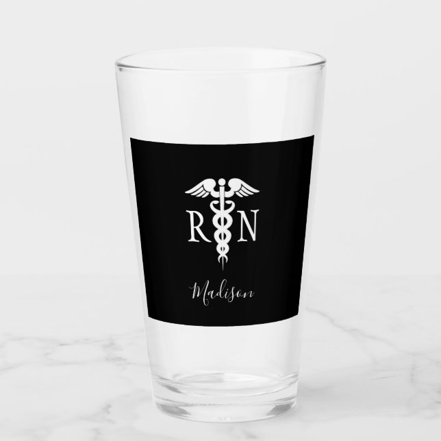 Registered Nurse Caduceus Black White Personalized Glass (Front)