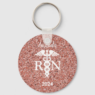 Registered Nurse Caduceus Rose Gold Glitter Custom Key Ring