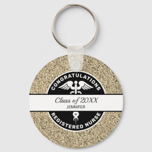 Registered Nurse Graduation Gold Glitter Monogram Key Ring