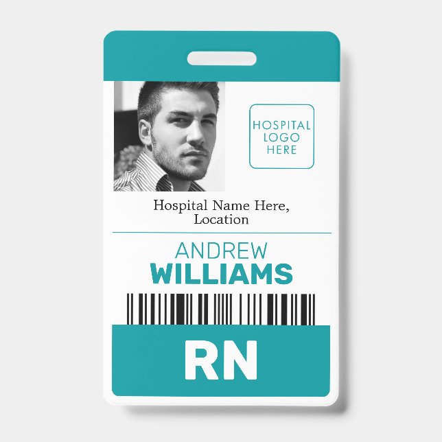 Registered Nurse  ID Barcode Teal White Logo Photo Badge (Front)