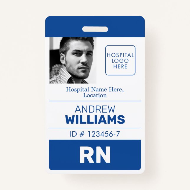 Registered Nurse ID Number Blue White Logo Photo ID Badge (Front)