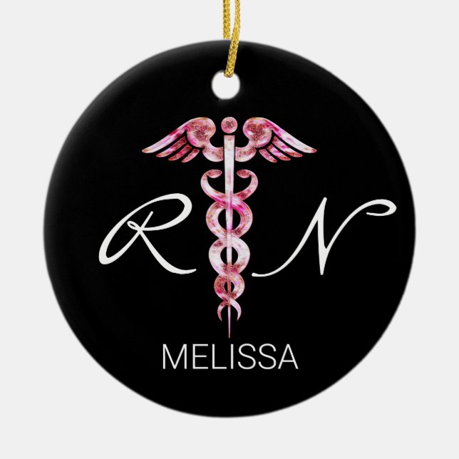 Registered Nurse Medical Caduceus Pink Christmas Ceramic Tree Decoration (Front)