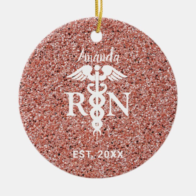 Registered Nurse Pink Rose Gold Glitter Customized Ceramic Tree Decoration (Front)