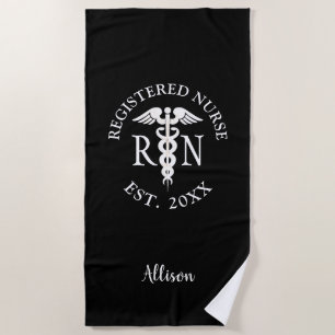 Registered Nurse RN Caduceus Black Personalised Beach Towel