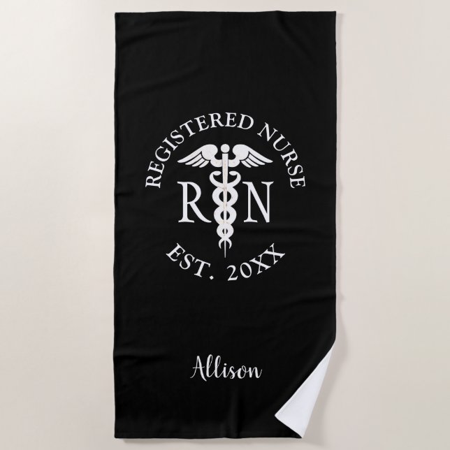 Registered Nurse RN Caduceus Black Personalised Beach Towel (Front)