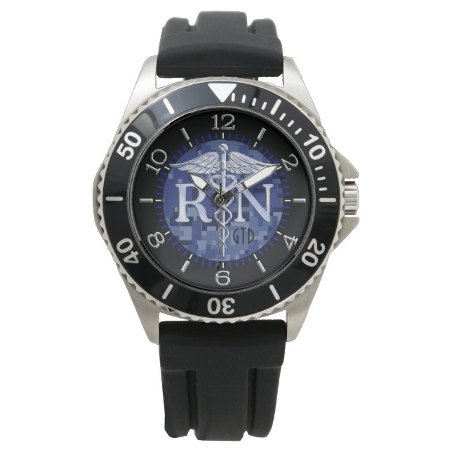 Registered Nurse RN Caduceus Blue Camo Monogram Watch (Front)