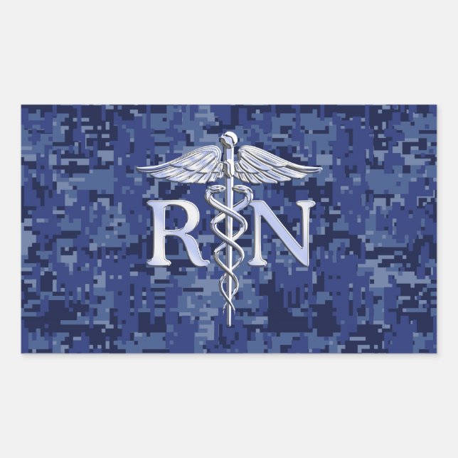 Registered Nurse RN Caduceus on Blue Camo Rectangular Sticker (Front)