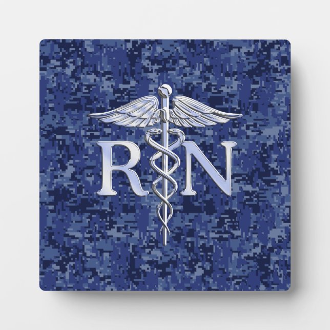 Registered Nurse RN Caduceus on Navy Blue Camo Plaque (Front)