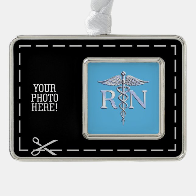 Registered Nurse RN Caduceus on Pastel Blue Silver Plated Framed Ornament (Front)