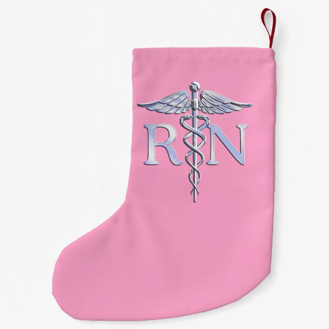 Registered Nurse RN Caduceus on Pastel Pink Small Christmas Stocking (Back)