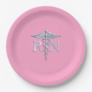 Registered Nurse RN Caduceus on Pink Rose Paper Plate