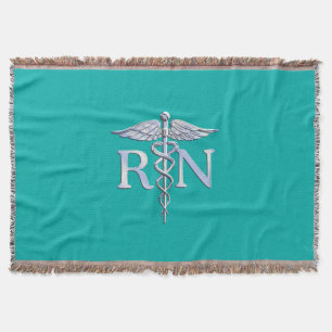 Registered Nurse RN Caduceus on Turquoise Decor Throw Blanket