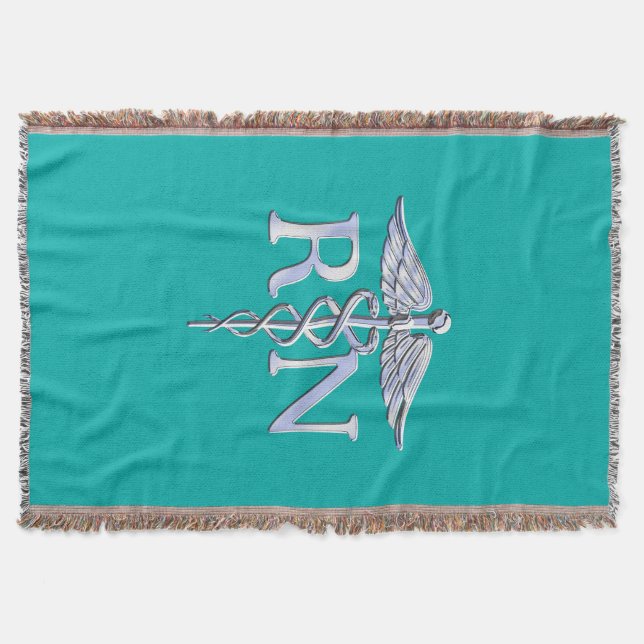 Registered Nurse RN Caduceus on Turquoise Decor Throw Blanket (Front)