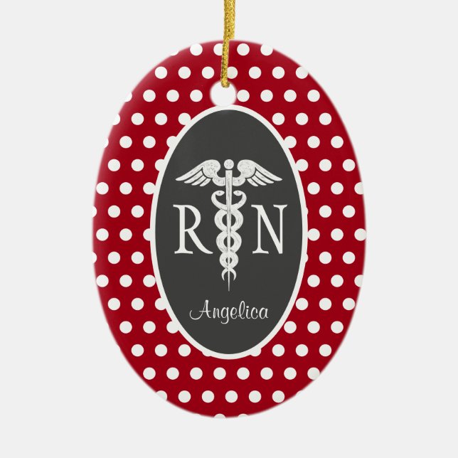 Registered Nurse RN Caduceus Personalised Red Ceramic Tree Decoration (Front)