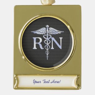 Registered Nurse RN Caduceus Snakes Carbon Gold Plated Banner Ornament