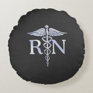 Registered Nurse RN Caduceus Snakes Carbon Round Cushion