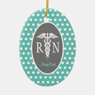 Registered Nurse RN Caduceus Teal Personalized Ceramic Tree Decoration