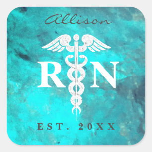 Registered Nurse RN Caduceus Turquoise Custom Square Sticker