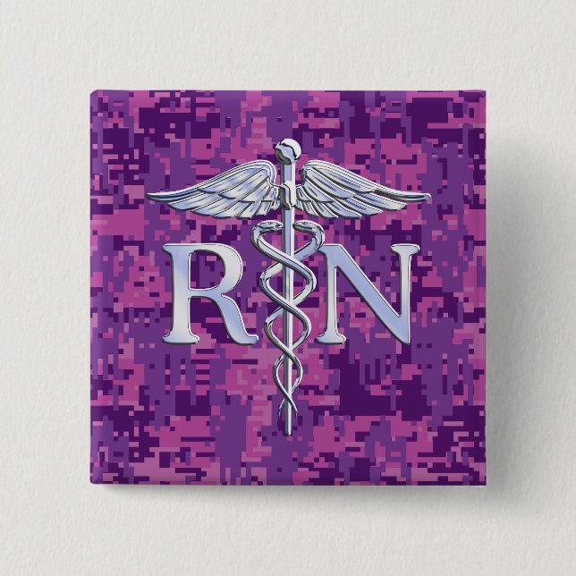 Registered Nurse RN Silver Caduceus Fuchsia Camo 15 Cm Square Badge (Front)