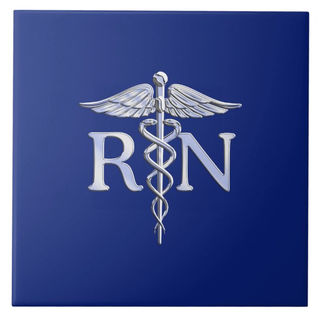 Registered Nurse RN Silver Caduceus Navy Blue deco Tile (Front)