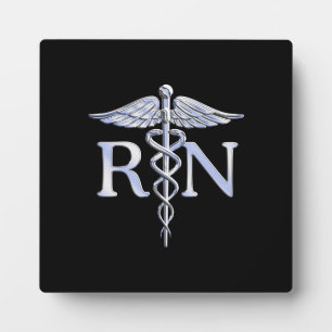 Registered Nurse RN Silver Caduceus on Black Plaque