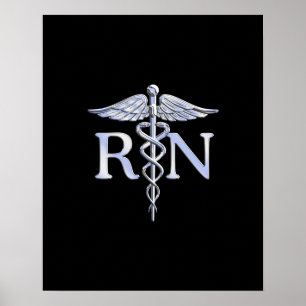 Registered Nurse RN Silver Caduceus on Black Poster