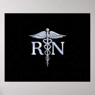 Registered Nurse RN Silver Caduceus on Black Poster