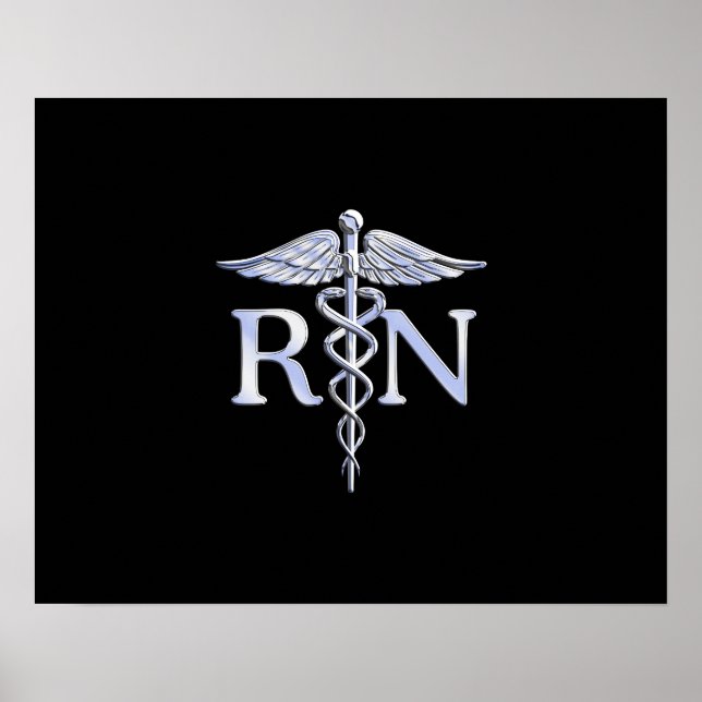 Registered Nurse RN Silver Caduceus on Black Poster (Front)
