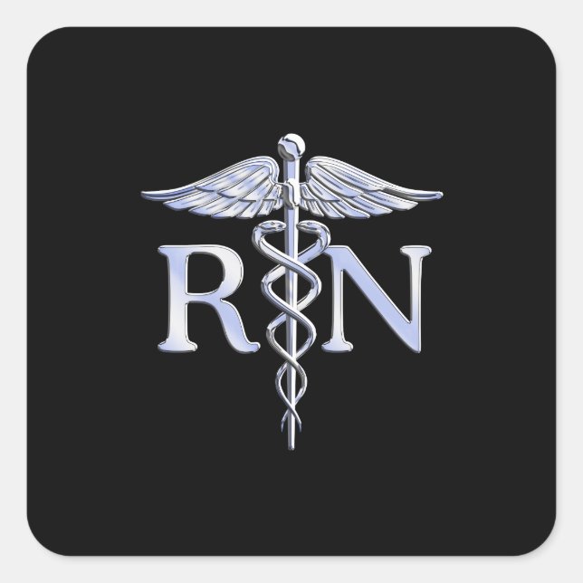 Registered Nurse RN Silver Caduceus on Black Square Sticker (Front)