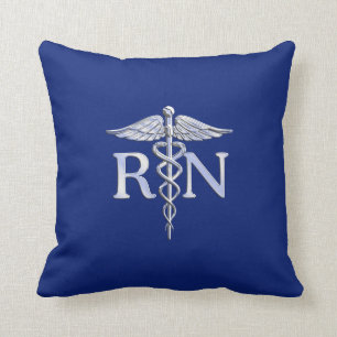 Registered Nurse RN Silver Caduceus on Navy Blue Cushion