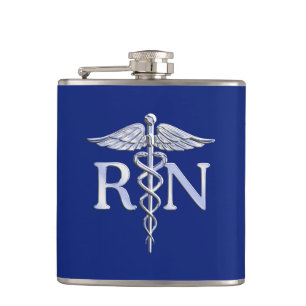 Registered Nurse RN Silver Caduceus on Navy Blue Hip Flask