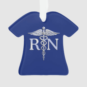 Registered Nurse RN Silver Caduceus on Navy Blue Ornament