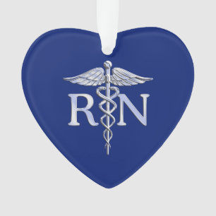 Registered Nurse RN Silver Caduceus on Navy Blue Ornament